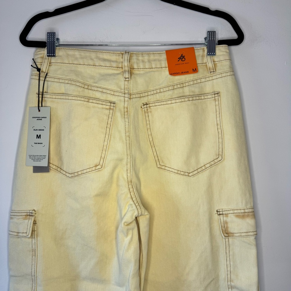 New American Bazi CROPPED CARGO JEANS In TAN WASH Yellow Wide Leg Women’s Size M - Picture 3 of 11